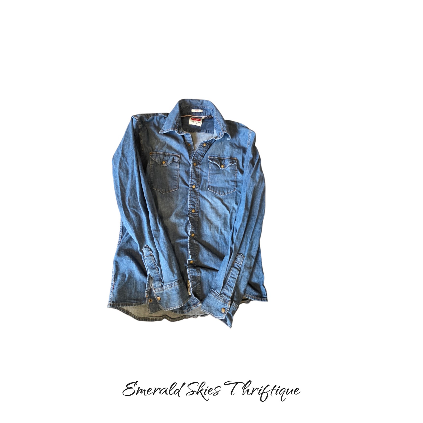 Wrangler Indigo Denim Pearl Snap Western Cowboy Shirt Size Medium. Free Ship
